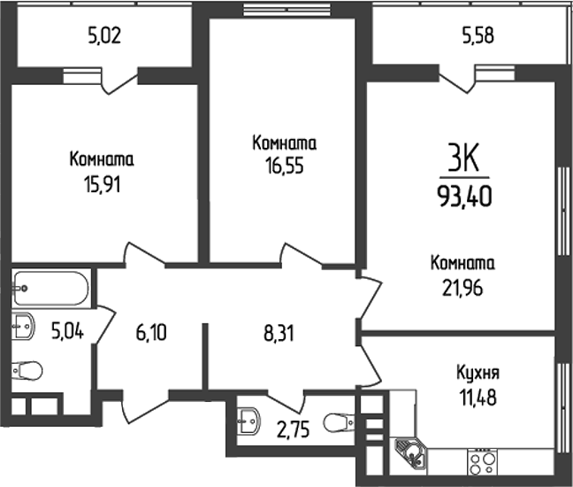 Планировка трёхкомнатная 93.4 м² в ЖК «Кумир», корпус 2
