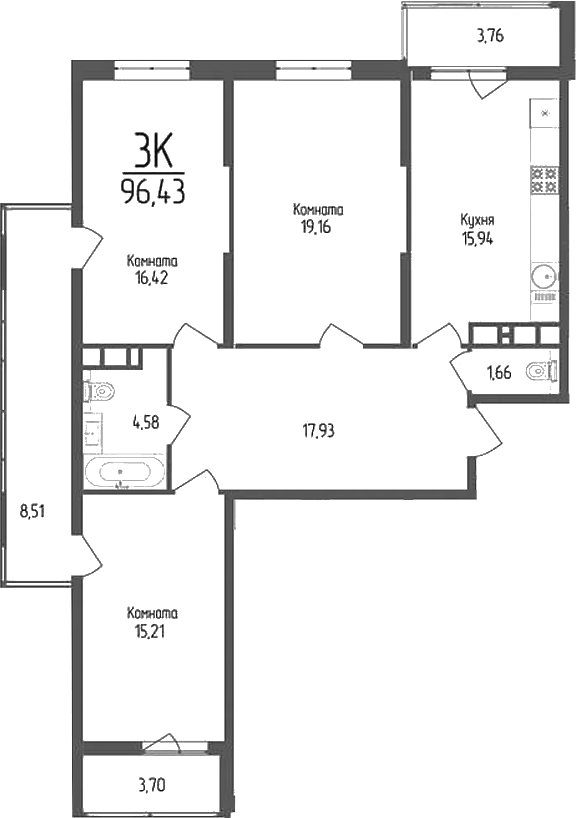 Планировка трёхкомнатная 96.43 м² в ЖК «Кумир», корпус 3