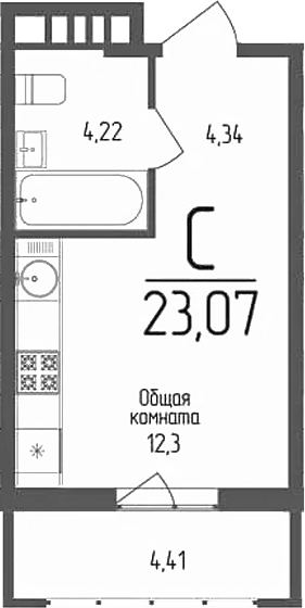 Планировка Студии 23.07 м² в ЖК «Кумир», корпус 3