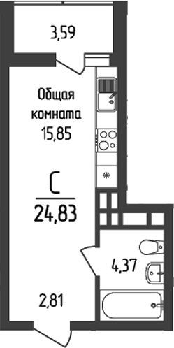 Планировка Студии 24.83 м² в ЖК «Кумир», корпус 2