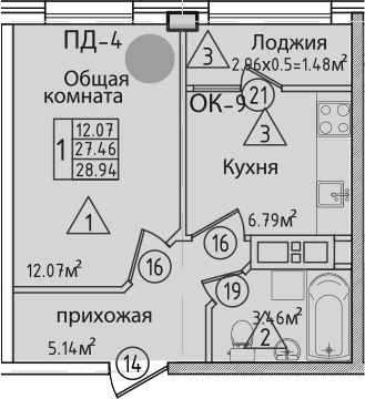 Планировка однокомнатная 27.5 м² в ЖК «Курганная», корпус 2