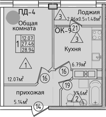 Планировка однокомнатная 30.8 м² в ЖК «Курганная», корпус 2