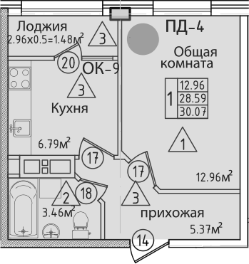 Планировка однокомнатная 31.8 м² в ЖК «Курганная», корпус 2