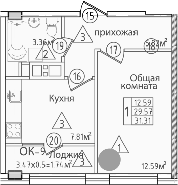 Планировка однокомнатная 33.7 м² в ЖК «Курганная», корпус 2