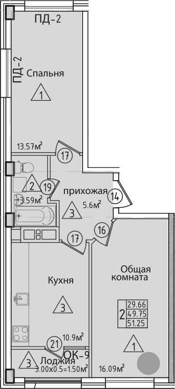 Планировка двухкомнатная 49.8 м² в ЖК «Курганная», корпус 2