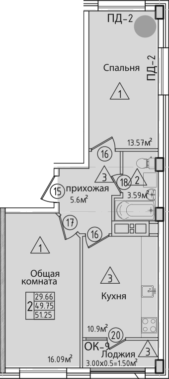 Планировка двухкомнатная 53 м² в ЖК «Курганная», корпус 2