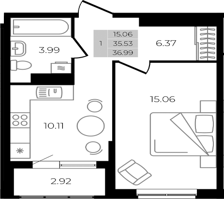 Планировка однокомнатная 36.99 м² в ЖК «Курортный регион», корпус Литер 1