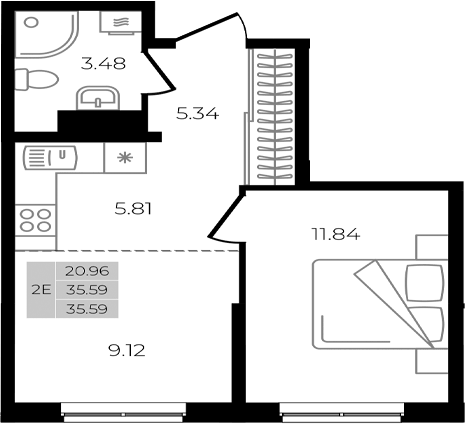 Планировка евродвушка (2Е) 35.59 м² в ЖК «Курортный регион», корпус Литер 1