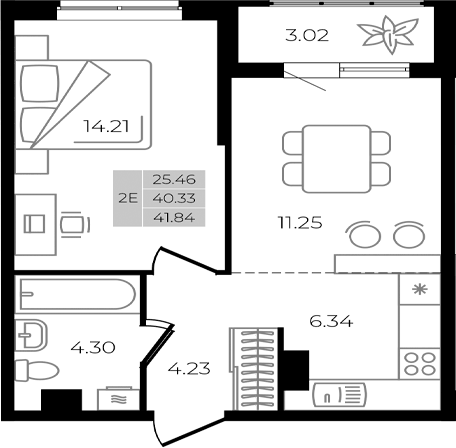 Планировка евродвушка (2Е) 41.84 м² в ЖК «Курортный регион», корпус Литер 1