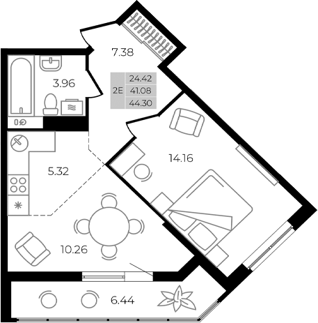 Планировка евродвушка (2Е) 44.3 м² в ЖК «Курортный регион», корпус Литер 2