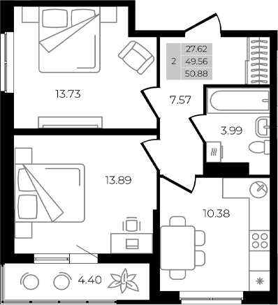 Планировка двухкомнатная 50.88 м² в ЖК «Курортный регион», корпус Литер 4