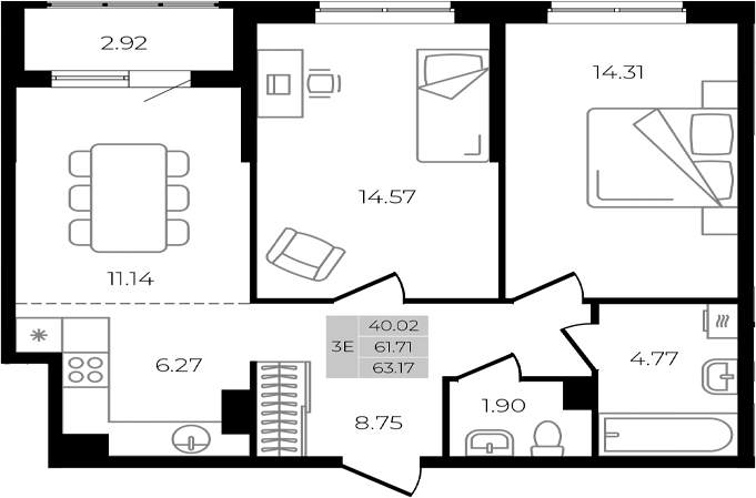 Планировка евротрёшка (3Е) 63.17 м² в ЖК «Курортный регион», корпус Литер 1