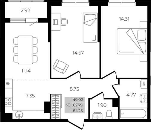 Планировка евротрёшка (3Е) 64.25 м² в ЖК «Курортный регион», корпус Литер 1