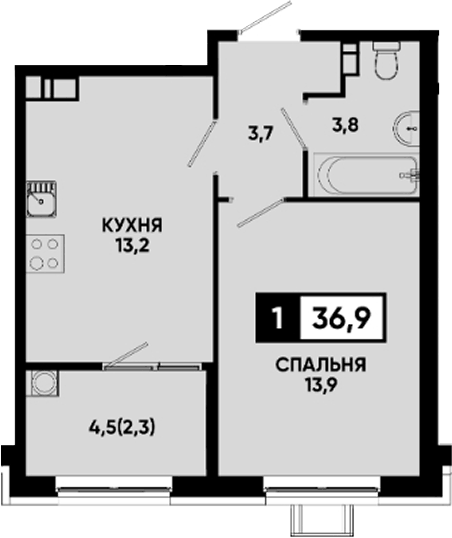 Планировка однокомнатная 36.9 м² в ЖК «Квартал на курорте Моя Легенда», корпус 1/6