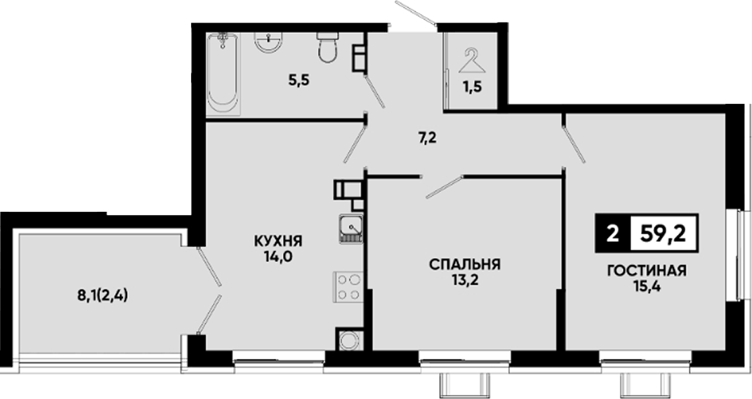 Планировка двухкомнатная 59.2 м² в ЖК «Квартал на курорте Моя Легенда», корпус 1/5