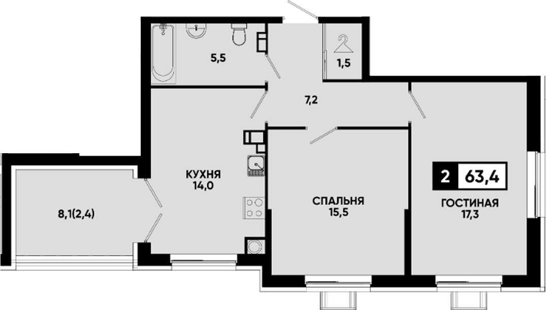 Планировка двухкомнатная 63.4 м² в ЖК «Квартал на курорте Моя Легенда», корпус 1/5