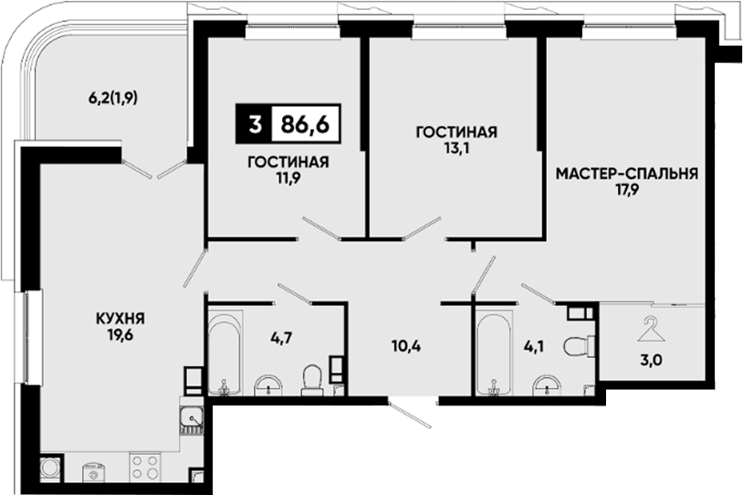 Планировка трёхкомнатная 86.6 м² в ЖК «Квартал на курорте Моя Легенда», корпус 2/5