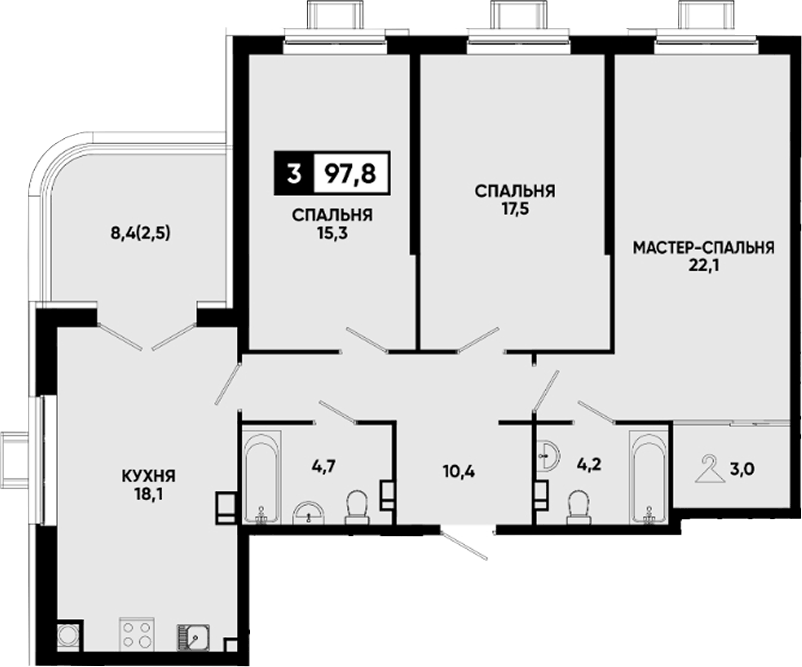 Планировка трёхкомнатная 97.8 м² в ЖК «Квартал на курорте Моя Легенда», корпус 1/6