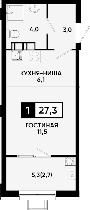 Планировка Студии 27.3 м² в ЖК «Квартал на курорте Моя Легенда», корпус 1/4