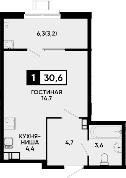 Планировка Студии 30.6 м² в ЖК «Квартал на курорте Моя Легенда», корпус 1/4