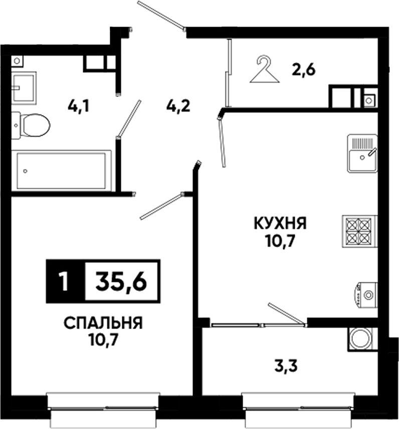 Планировка однокомнатная 35.9 м² в ЖК «Кварталы 17/77», корпус 8.6