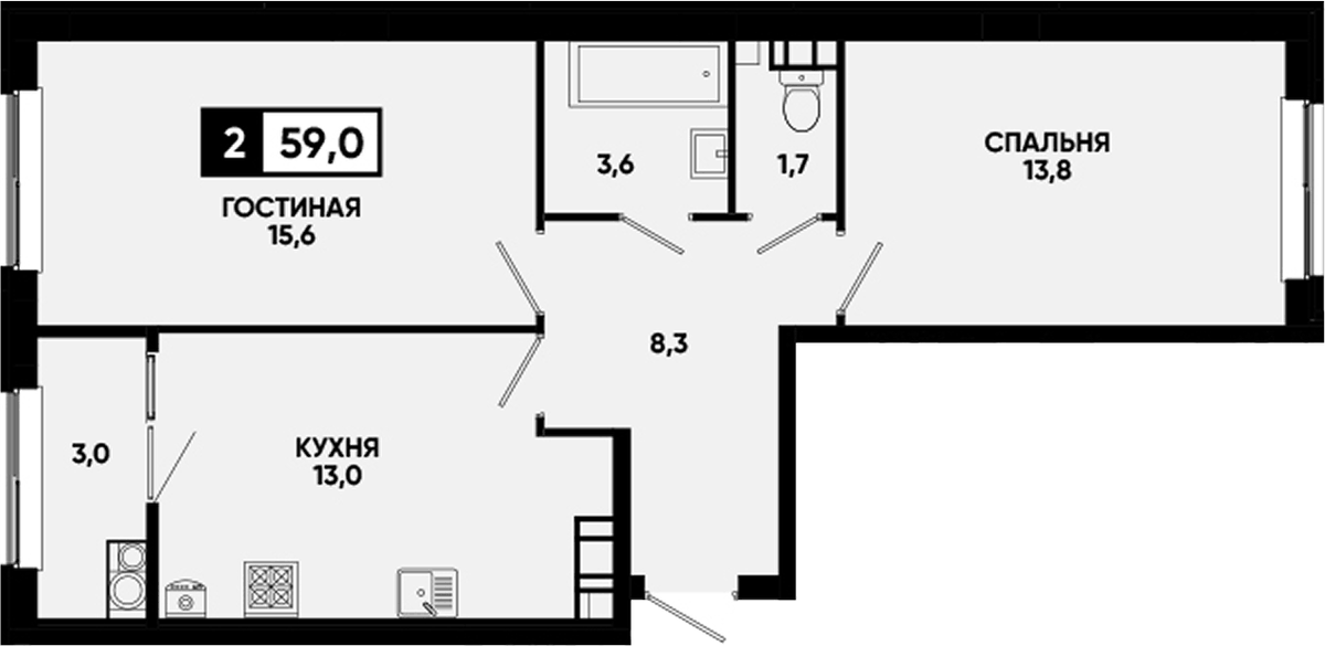 Планировка двухкомнатная 59 м² в ЖК «Кварталы 17/77», корпус 8.5