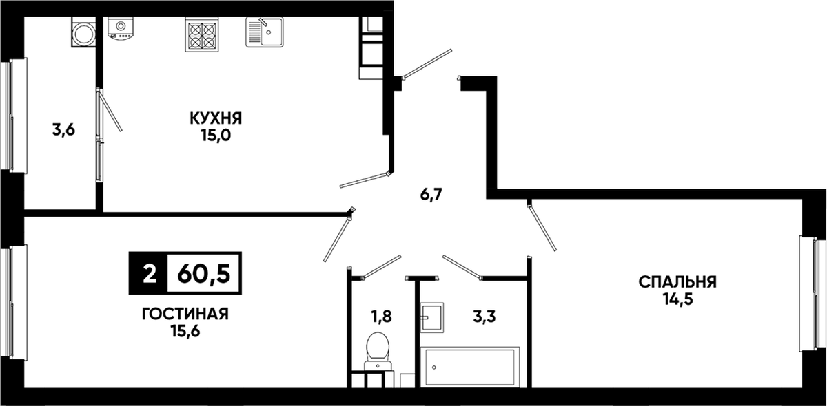 Планировка двухкомнатная 60.5 м² в ЖК «Кварталы 17/77», корпус 8.5