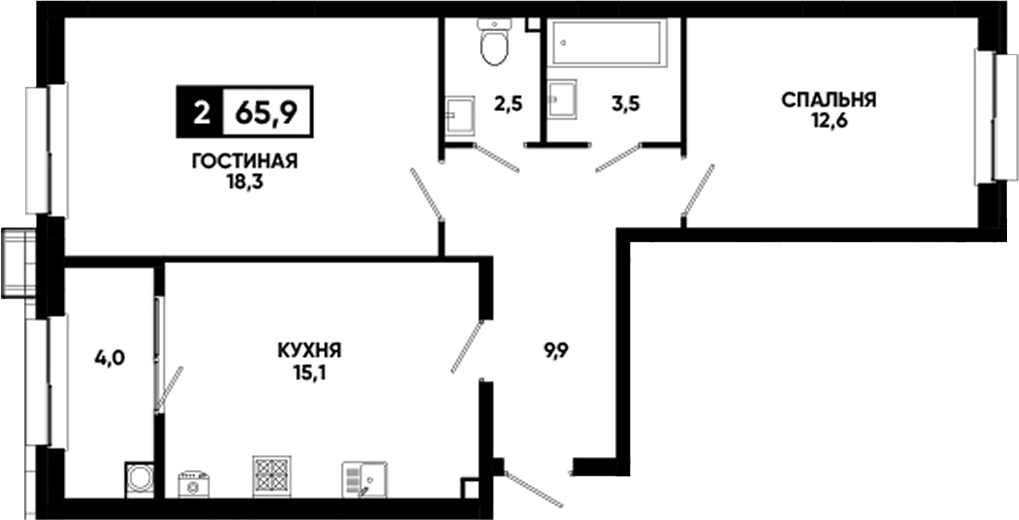 Планировка двухкомнатная 65.9 м² в ЖК «Кварталы 17/77», корпус 8.6
