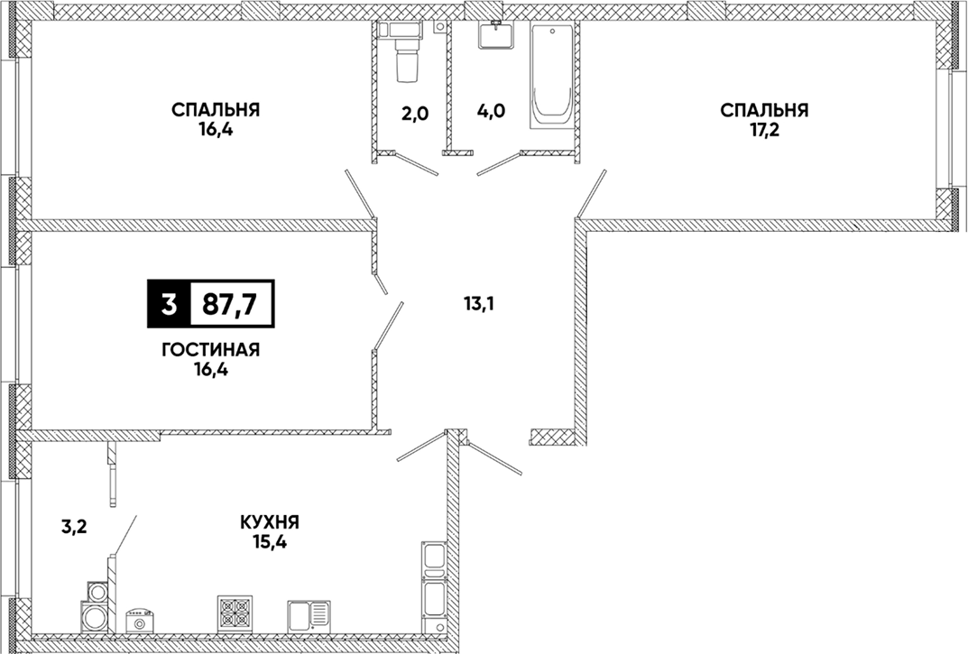 Планировка трёхкомнатная 87.7 м² в ЖК «Кварталы 17/77», корпус 9.5