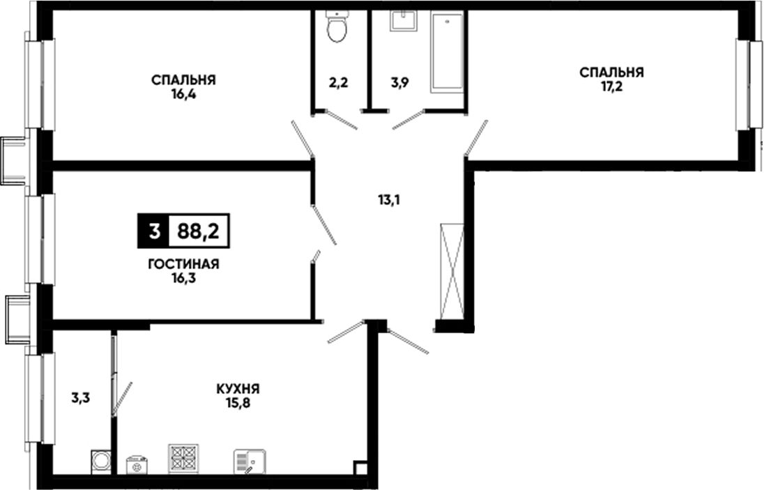 Планировка трёхкомнатная 88.2 м² в ЖК «Кварталы 17/77», корпус 8.1