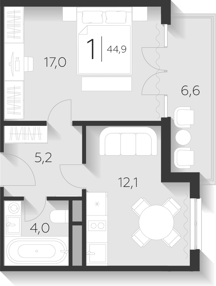 Планировка однокомнатная 45 м² в ЖК «LeePrime Residences Polyana Sochi», корпус 2