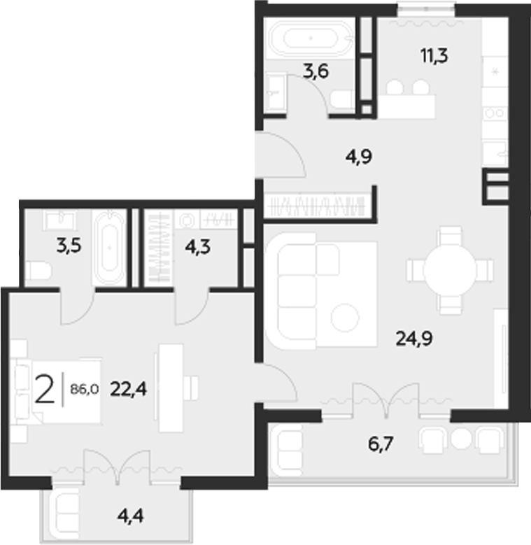 Планировка двухкомнатная 86 м² в ЖК «LeePrime Residences Polyana Sochi», корпус 2