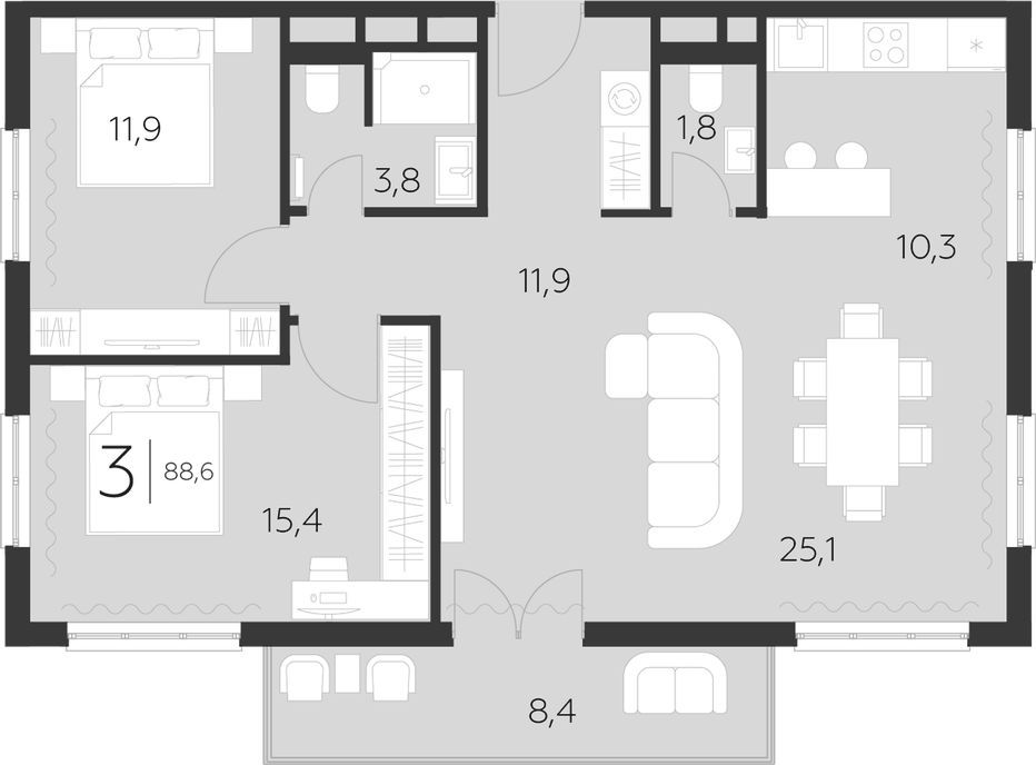 Планировка трёхкомнатная 88.3 м² в ЖК «LeePrime Residences Polyana Sochi», корпус 2
