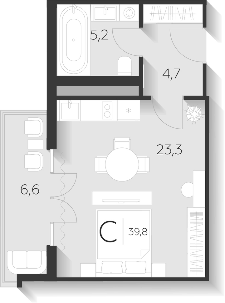 Планировка Студии 40.3 м² в ЖК «LeePrime Residences Polyana Sochi», корпус 2