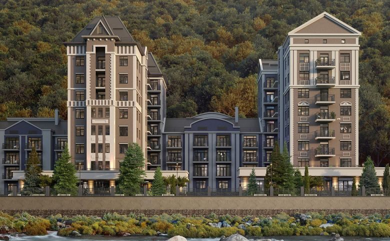 LeePrime Residences Polyana Sochi — Вечерний вид корпусов вдоль реки с коммерческими помещениями
