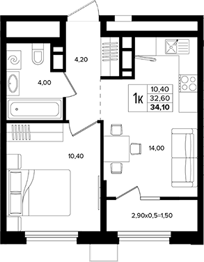 Планировка однокомнатная 34.1 м² в ЖК «Лермонтов Парк», корпус 4