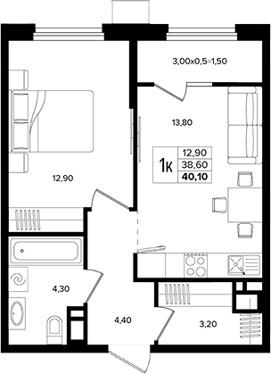 Планировка однокомнатная 40.1 м² в ЖК «Лермонтов Парк», корпус 5