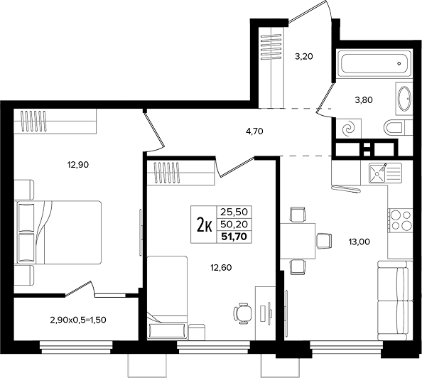 Планировка двухкомнатная 51.7 м² в ЖК «Лермонтов Парк», корпус 5