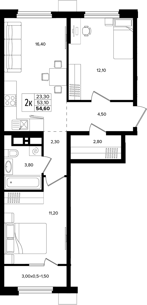 Планировка евротрёшка (3Е) 54.6 м² в ЖК «Лермонтов Парк», корпус 5