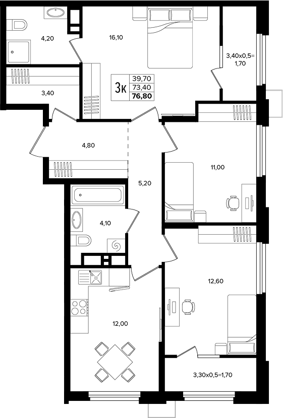Планировка трёхкомнатная 76.8 м² в ЖК «Лермонтов Парк», корпус 5