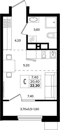 Планировка Студии 22.3 м² в ЖК «Лермонтов Парк», корпус 5