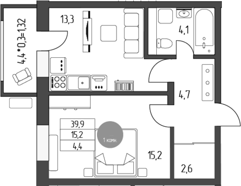 Планировка однокомнатная 41.22 м² в ЖК « Лермонтов», корпус 1