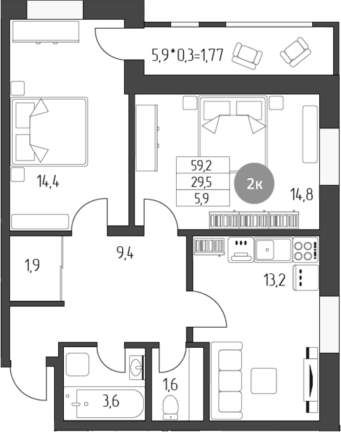 Планировка двухкомнатная 60.97 м² в ЖК « Лермонтов», корпус 1