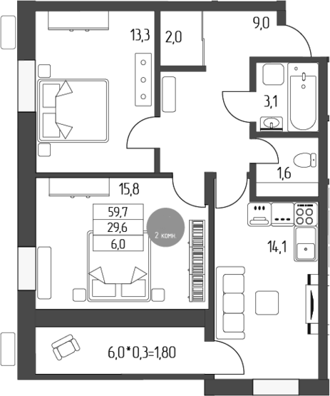 Планировка двухкомнатная 61.5 м² в ЖК « Лермонтов», корпус 1