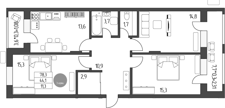 Планировка трёхкомнатная 81.32 м² в ЖК « Лермонтов», корпус 1
