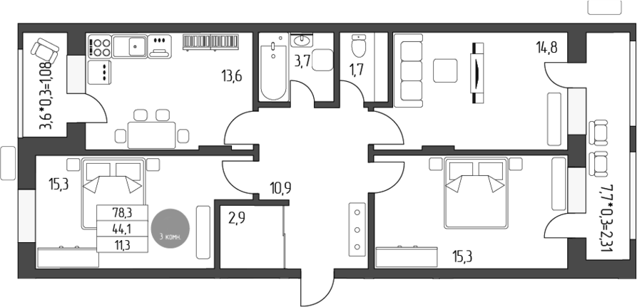 Планировка трёхкомнатная 81.77 м² в ЖК « Лермонтов», корпус 1