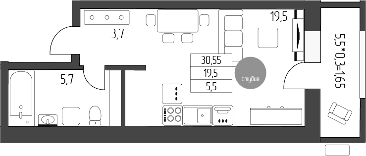 Планировка Студии 30.55 м² в ЖК « Лермонтов», корпус 1