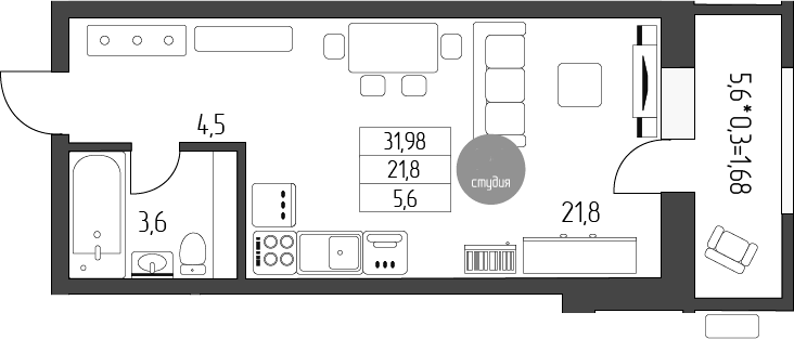 Планировка Студии 31.98 м² в ЖК « Лермонтов», корпус 1