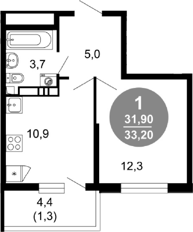 Планировка однокомнатная 33.2 м² в ЖК «Лестория», корпус 6