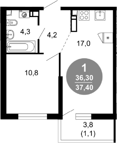 Планировка однокомнатная 37.4 м² в ЖК «Лестория», корпус 6